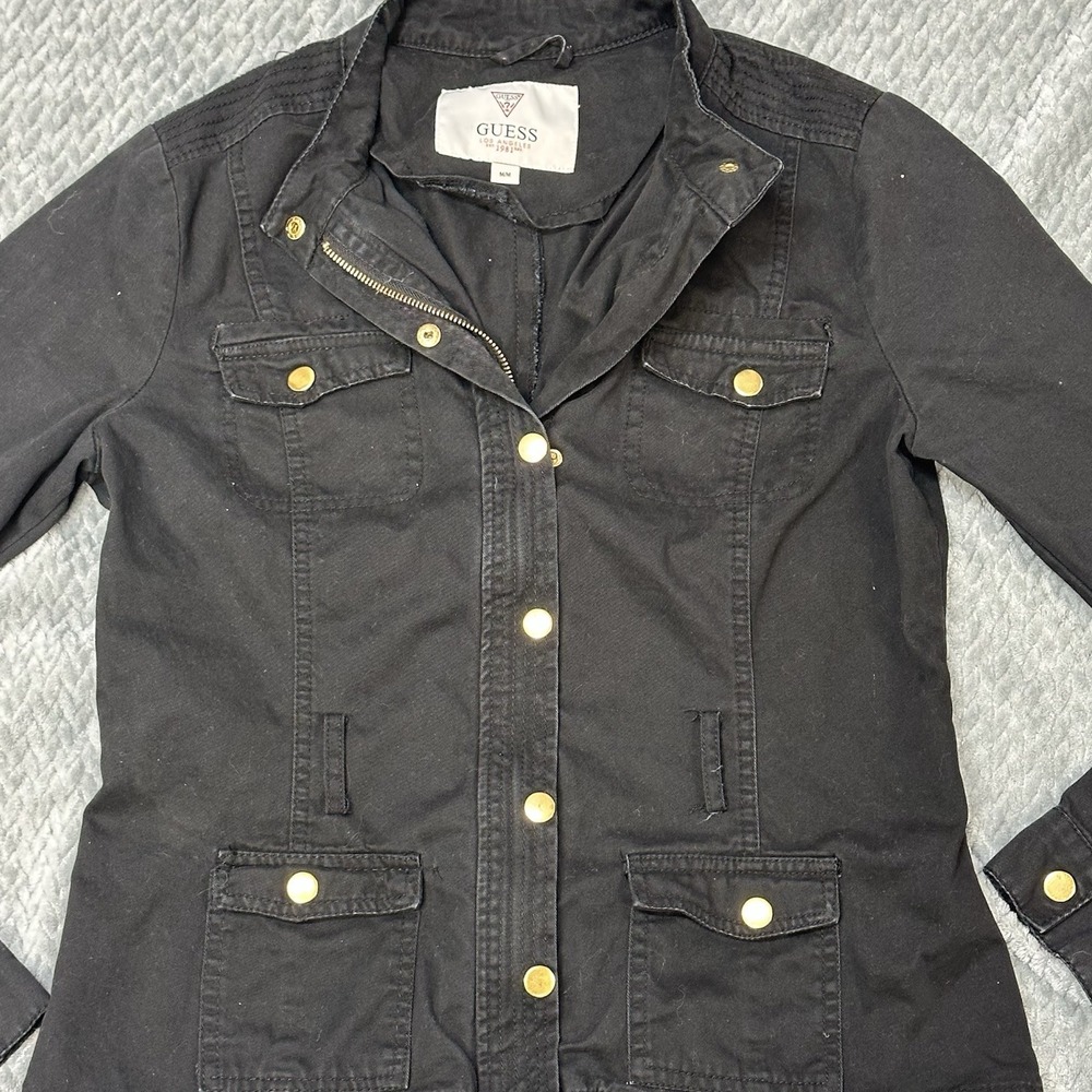 Guess Jacket Women's M Biker Moto Full Zip Snap Canvas 100% Cotton Triangle Logo - Picture 2 of 11
